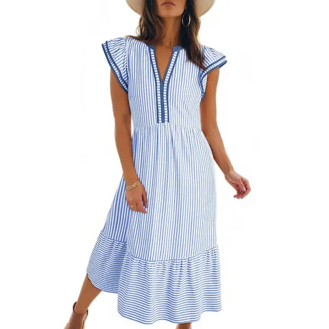 Dokotoo Womens Dresses 2026 Summer V-Neck Ruffle Cap Sleeve Empire Waist Flowy Striped Beach Midi Maxi Dress with Pockets