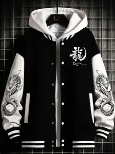 Dragon Pattern Vintage Baseball Jacket, /wine /camouflage Color Block, College Style Button Front, Unisex Streetwear Top