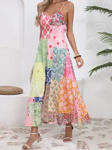 Bohemian Patchwork Maxi Dress, Casual Boho Chic, Floral Print Spaghetti Strap, Summer Beach Vacation Sundress for Women, Stylish & Comfortable, Bohemian Sundresses