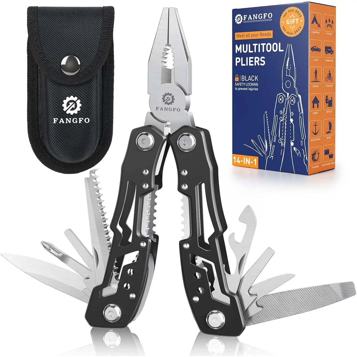 14-In-1 Multitool with Safety Locking, Multitool Pliers Knife, Bottle Opener, Screwdriver with Nylon Sheath ,Apply to,Camping, Hunting and Hiking