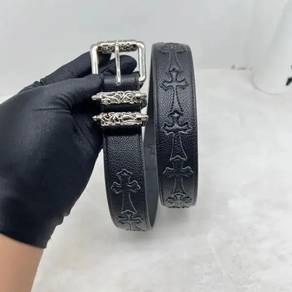 Limited Black Gothic Cross Embossed Belt, Vintage PU Leather Waist Belt, Unisex Streetwear Trouser Belt, Adjustable Silver Buckle Belt, Y2K Fashion Accessory