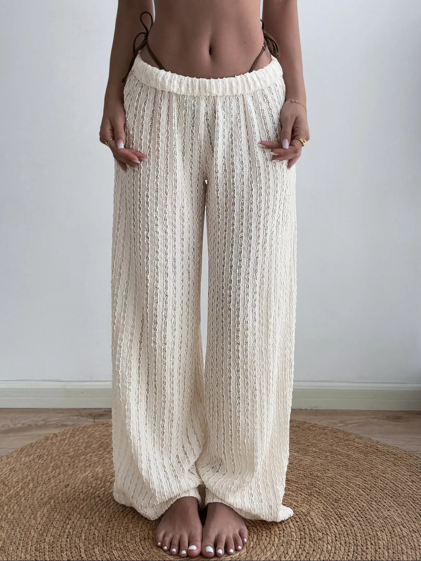 Crochet Knit Woven Pants for Women Beach Cover Up Wide Leg Loose Baggy Lace Hollow Out Long Pants High Waist Elastic Summer Vacation Outfit Chic Boho Resort Elegant Style See Through Trousers Bottom Womenswear