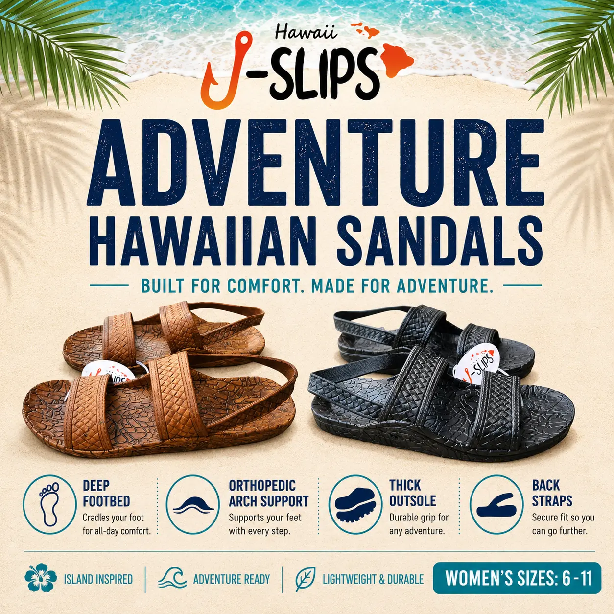 J-Slips Hawaiian Adventure Hiking Sandals with Back Strap & Arch Support