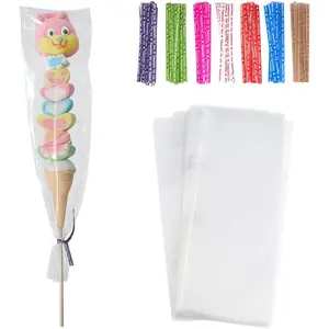 100 count 3x11 Inch Clear Long Cello Cellophane  Bags with 7 Mix Colors Twist Ties  for Birthday Favor Candles Pretzel Icy Candy Popsicle