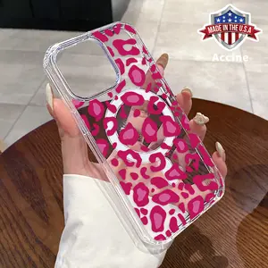 Magnetic Phone Case Compatible with iPhone 16 15 14 Pro Max 13 12 11 XR XS Plus E Pink Leopard Print Pattern Acrylic Hard Back Soft Silicone Edge Drop Protection Cover Gift