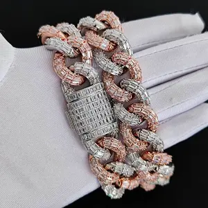 21mm Hip Hop Cuban Link Chain Men's Bracelet Triple Row T-Cut Zirconia Sterling Silver Adjustable Rapper Streetwear Jewelry Gift for Him