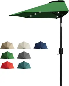 Patio Umbrella 9FT - Half Umbrella Outdoor with Solar LED Lights and Smooth Crank Lift, Outdoor Shade Canopy for Patio, Backyard, Garden, Deck, Balcony -Dark Green
