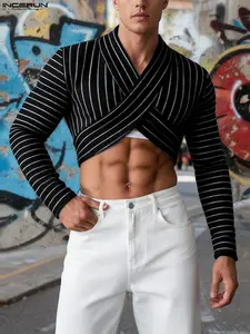 INCERUN Men's Cross Design Striped Long Sleeve T-Shirt, Casual Fashion Top, Comfortable and Stylish, Perfect for Daily Wear