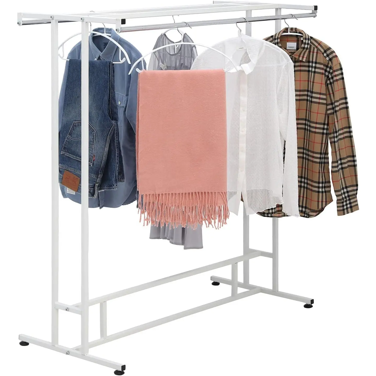 MyGift White Stainless Steel Freestanding Garment Rack, Heavy Duty Double Rod Clothes Rack Clothing Hanger Stand with Storage Display Shelf