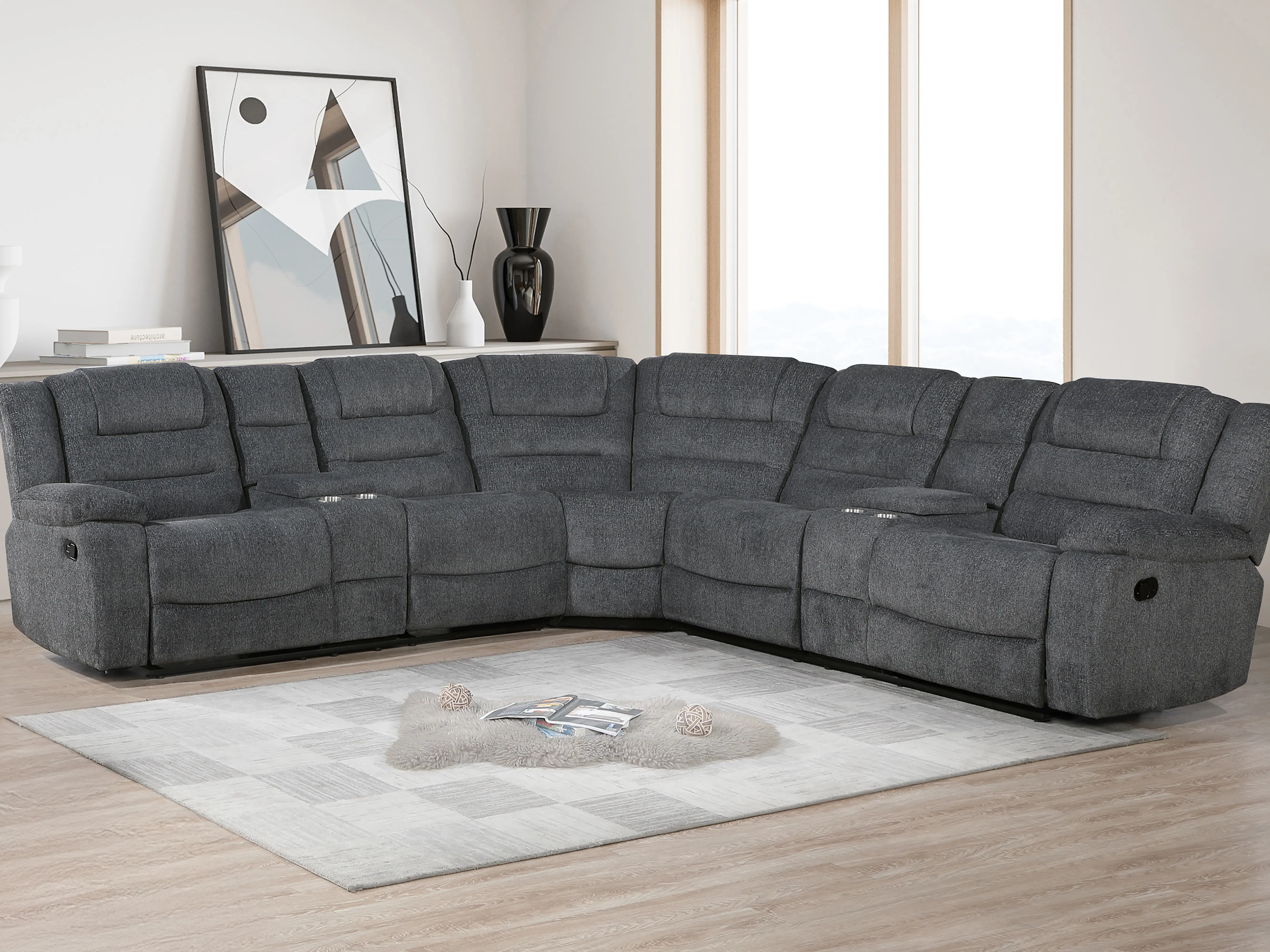 New Classic Dark Grey Fabric 3-Piece Sectional Sofa Set (Redondo-PW-Sect) with Power Motion Recliner Ends, Cup Consoles, and Storage Functionality, Recliner Chair, Multiple Seats