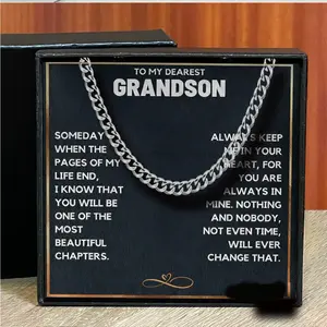 To My Grandson Cuban Chain Necklace - Gift From Grandparents, Grandma and Grandpa for Birthday, Christmas - Cards for Men Cuban Link Necklace