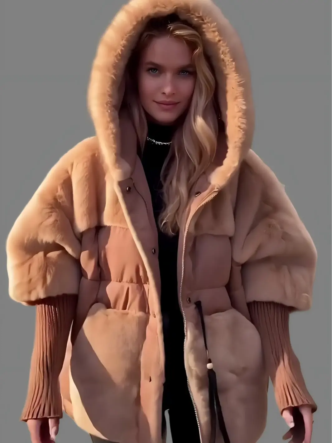 Women's Hooded Patchwork Warm Coat AutumnPadded Jacket Oversize Outerwear in Winter Casual Fabric Long Sleeve Faux Fur Lined Duck Down Fill Fashion