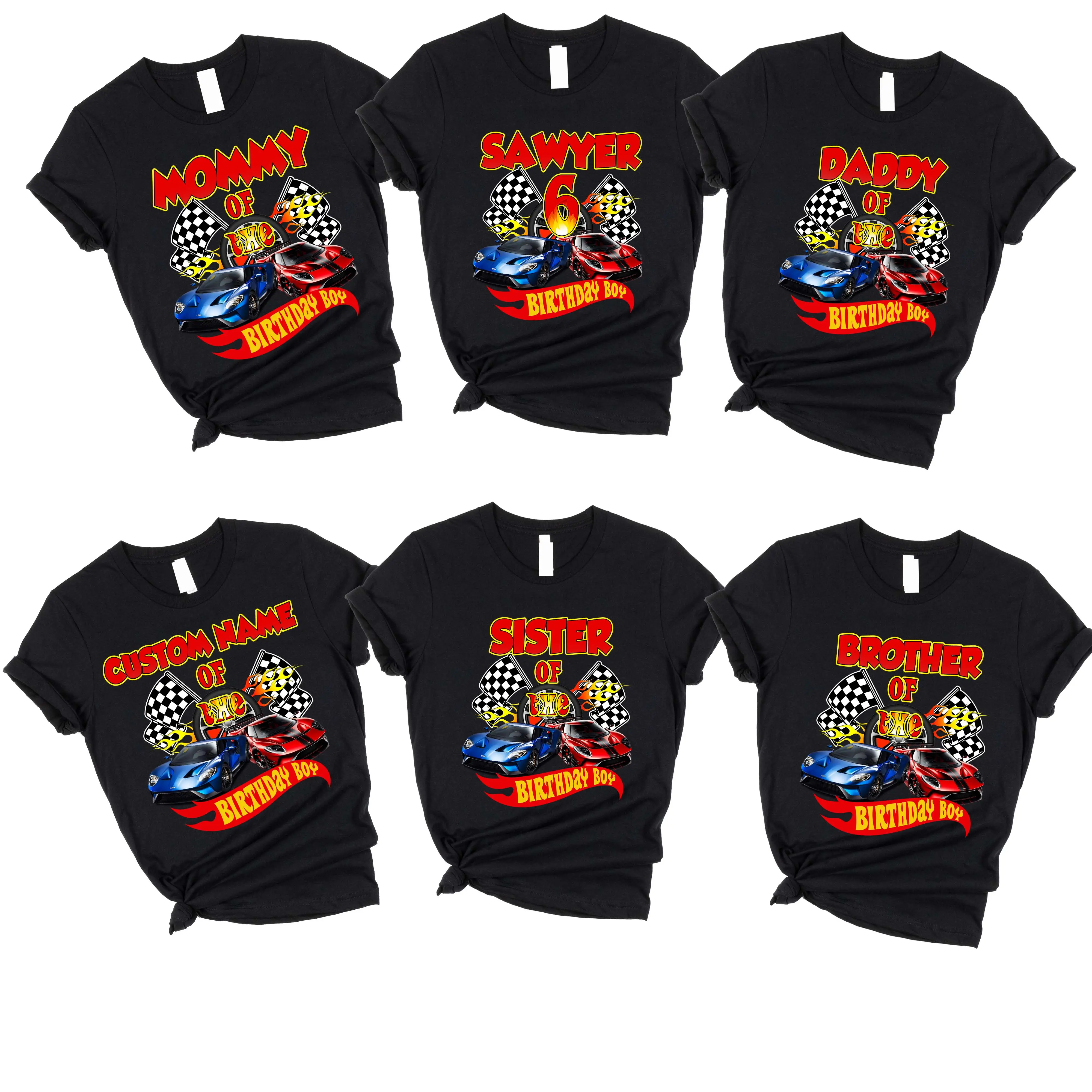 Family Matching Car-Themed Short Sleeve Cotton Tees - Personalized Birthday Celebration Apparel for Car-Loving Boys with Custom Name & Age, Round Crew Neck, Coordinate Clothing Set