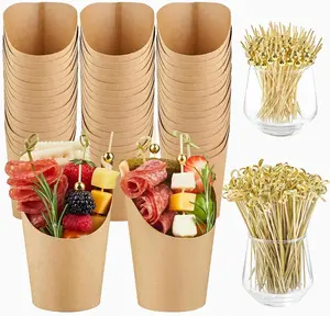 50 Sets 14 oz Charcuterie Cups with Sticks, Disposable Kraft Paper Charcuterie Boxes French Fry Holders Individual Appetizer Serving Cups (50 Cups + 200 Cocktail Picks)