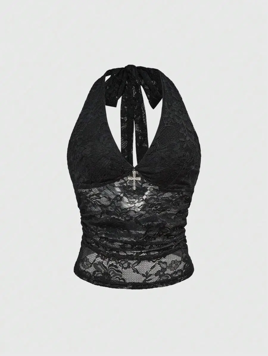 Spring/Summer Gothic Cross Decor Lace Halter Neck Top For Women