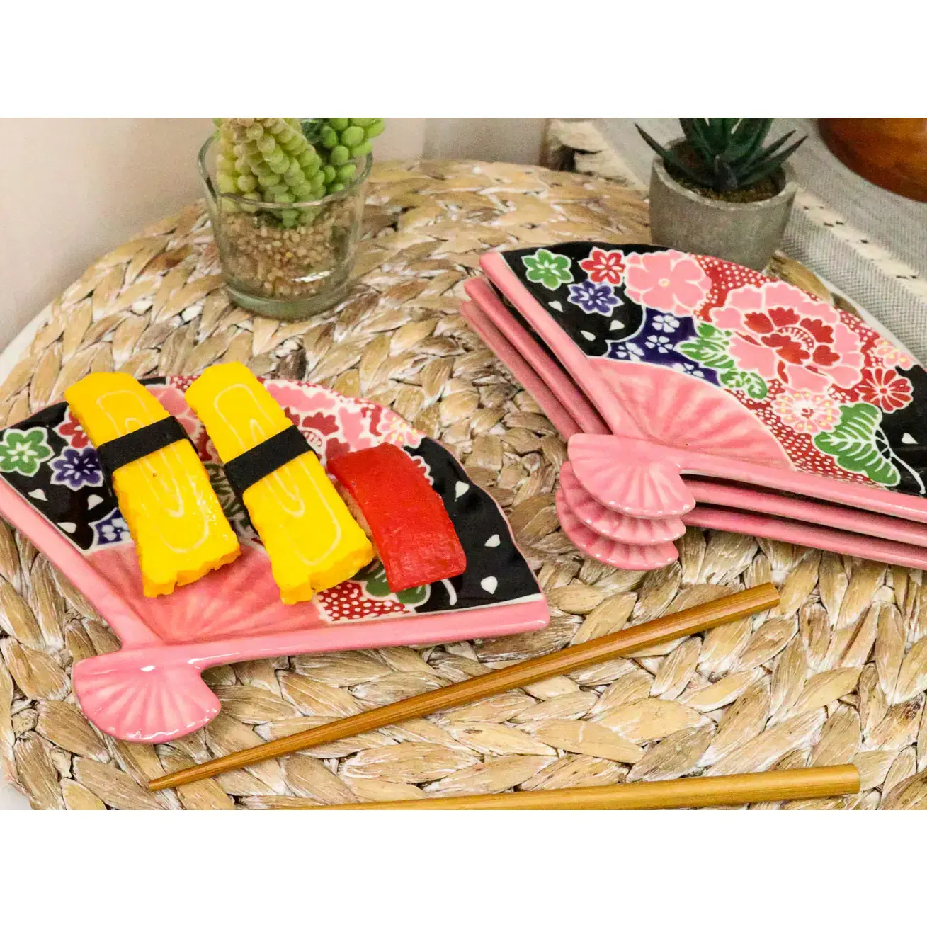 Ebros Set Of 4 Pink Floral Blossoms Oriental Fan Shaped Appetizer Sushi Dessert Plates