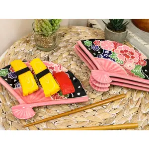 Ebros Set Of 4 Pink Floral Blossoms Oriental Fan Shaped Appetizer Sushi Dessert Plates