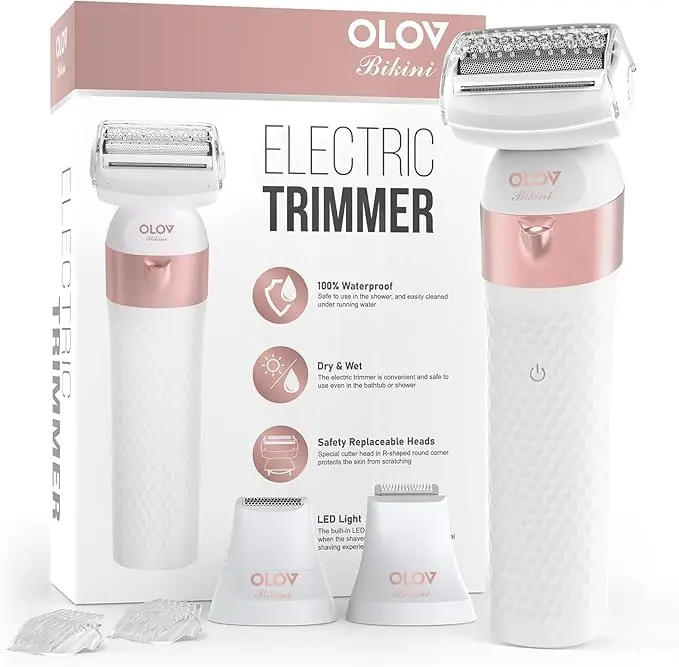 Olov Women Bikini Trimmer IPX7 Waterproof Rechargeable Electric Shaver with LED Light for Wet Dry Use