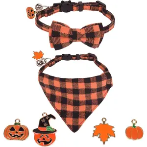 Holiday Cat Collars Breakaway with DIY Pumpkin Maple Charms, 2 Pack Halloween Thanksgiving Kitten Collar with Removable Bowtie Bandana, Plaid Bandana Collar for Kittens Cats
