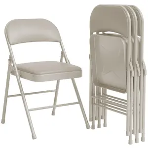4 Pack Beige Folding Chairs With Padded Cushion and Back, Folding Chairs for Outside, Foldable Chairs With Metal Frame Hold Up to 350 Lbs, Metal Chairs for Home, Office, Indoor & Outdoor Events