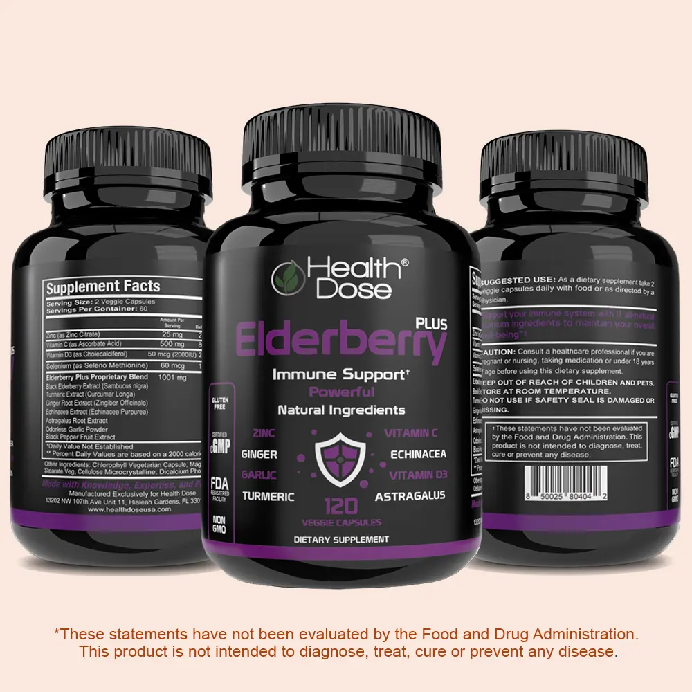 Health Dose Elderberry Plus with Vitamin C, Turmeric & Zinc – 120 Veggie Capsules | Dietary Supplement for Immune & Wellness Support. Echinacea