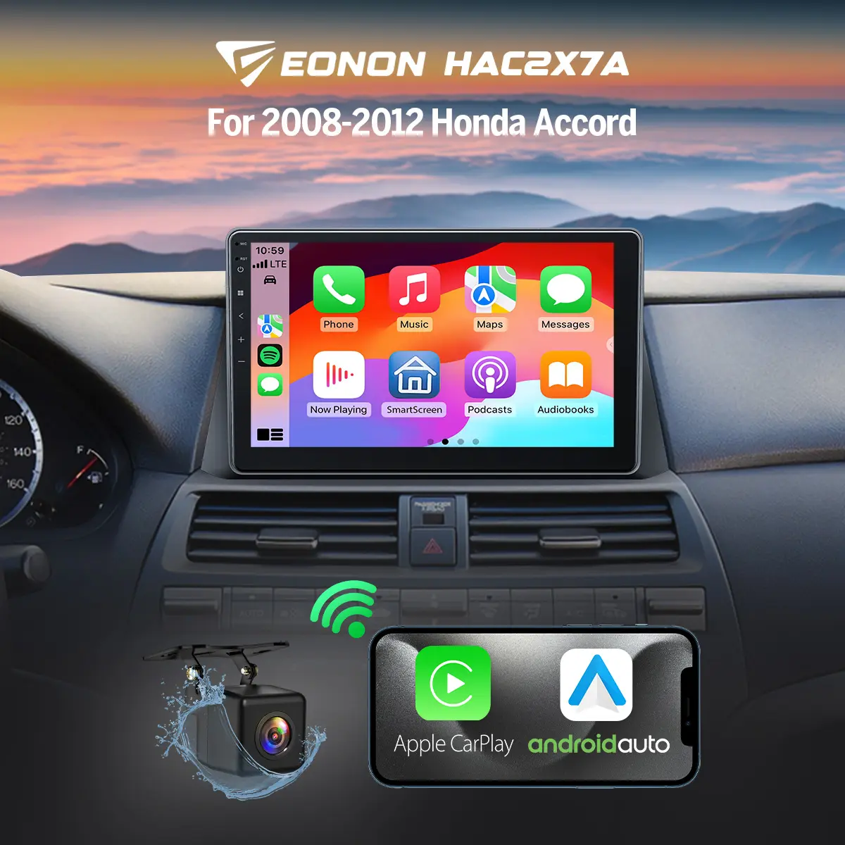 EONON Android 14 Car Stereo for Honda Accord 2008-2012, 10.1" Wireless Apple CarPlay & Android Auto Head Unit, 4GB+64GB Car Radio with GPS Navigation, Bluetooth, WiFi, Backup Camera, SWC, Plug and Play – HAC2X7A