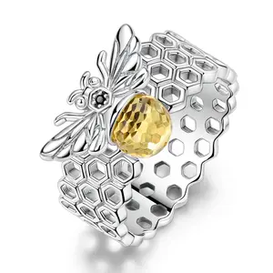 MULA Silver-Plated Honeycomb 3D Alternative Artistic Bee Part Charm Ring - Adjustable, Yellow Colored Gemstone, CZ Accent, Casual Everyday Wear Nature-Inspired Gift for Women, Charm Rings, 3D Rings