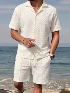 Men’s casual two-piece set featuring a camp-collar shirt with chevron texture and drawstring-waist shorts—perfect for beach vacations and summer outings.