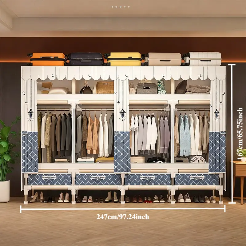 Spacious Fabric Wardrobe 97.2x17.7x65.7in - 4 Drawers + 4 Hanging Rods + 4 Storage Spaces, 16mm Metal Frame & Thick Dust Cover clothing storage Closet Organizer apartment living room furniture dressers for bedroom furniture set