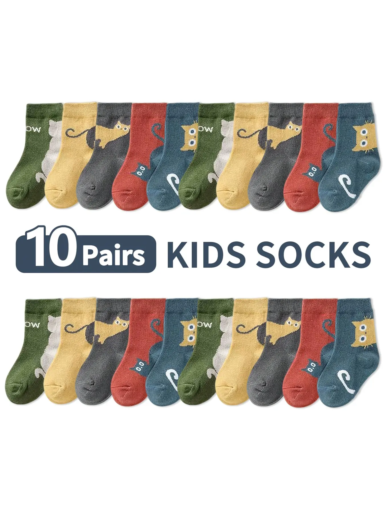 10 Pairs Mixed Color Animal Socks with Cartoon Cat Pattern, Mid-Calf Socks for Boys and Girls, Casual Daily Wear, Casual Stylish Socks
