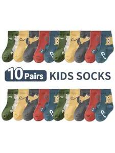 10 Pairs Mixed Color Animal Socks with Cartoon Cat Pattern, Mid-Calf Socks for Boys and Girls, Casual Daily Wear, Casual Stylish Socks