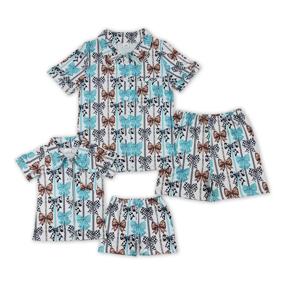 GSSO1858 Girls' 4-5 Years Summer Short-Sleeve Pajamas, Adorable Blue Bow Family Matching Set, Soft Breathable Comfy Fit Lightweight Machine-Washable Sleepwear