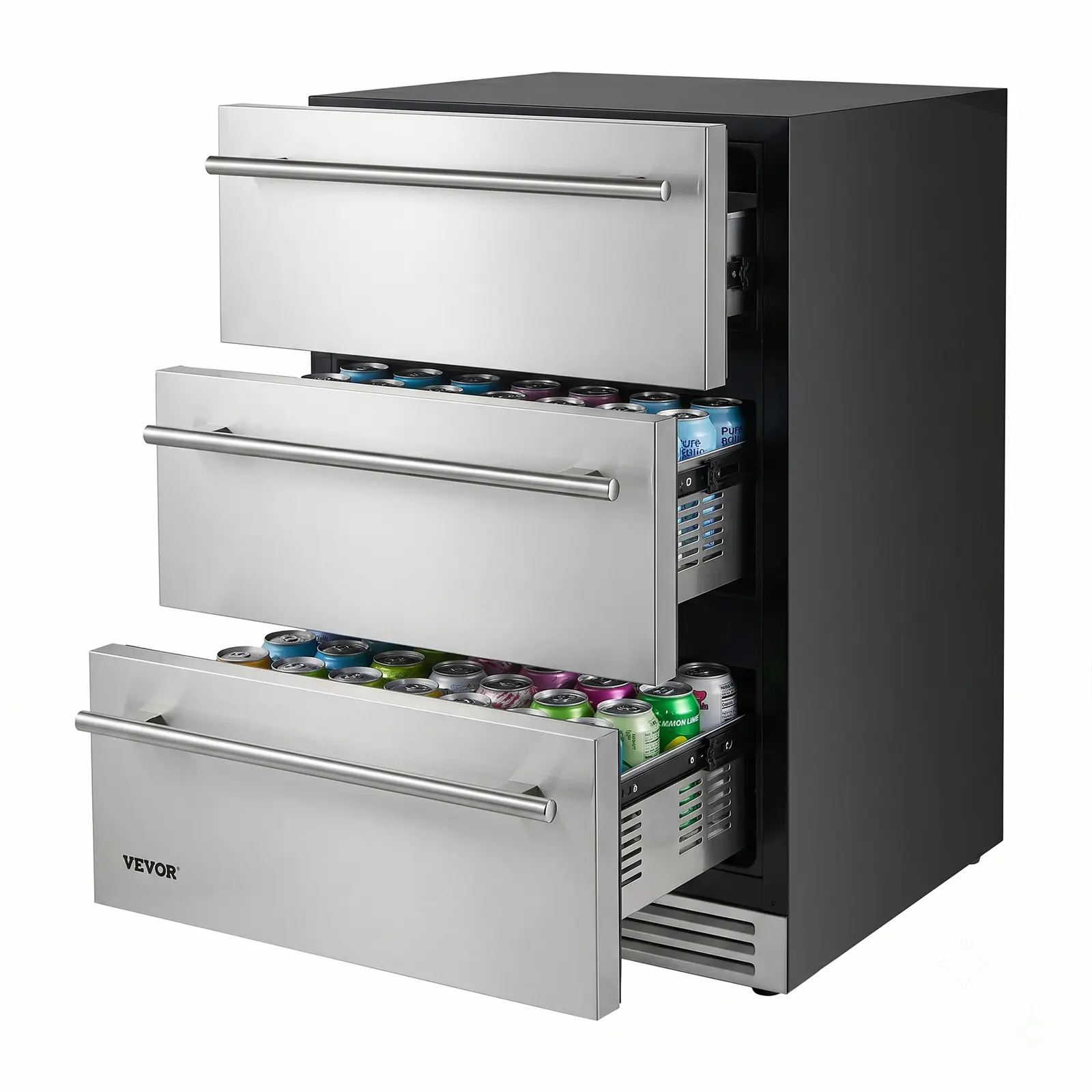 VEVOR 3-Drawer Compact Refrigerator, 24-in Undercounter Beverage Cooler, Large Capacity, 3 Separate Storage Zones, 304 Stainless Steel Drawers, Fast Cooling, for Kitchen & Home Bar