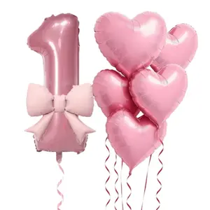 32 Inch Number Bow Aluminum Foil Heart Balloon Room Decoration, Birthday Party Decor, Anniversary, Wedding, Friend Gathering Photo Prop