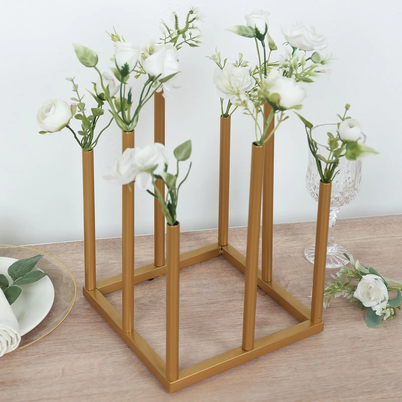 Gold Metal Decorative Flower Vase Centerpiece - 10" 8-Tube Minimalist Square Base Single Stem Bud Vase for Floral Arrangements, Birthday, Room Decor, Housewarming Gift