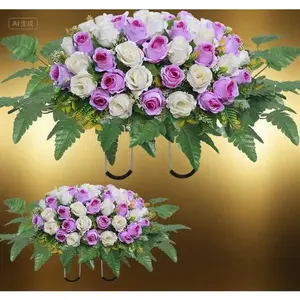 Purple and White Memorial Floral Arrangement for Graves, Rose Headstone Decor with Vase, Durable Outdoor Cemetery Flowers, Elegant Tombstone Saddle, Weather-Resistant Grave Marker Accent Decorative Fruit Plants Ornaments