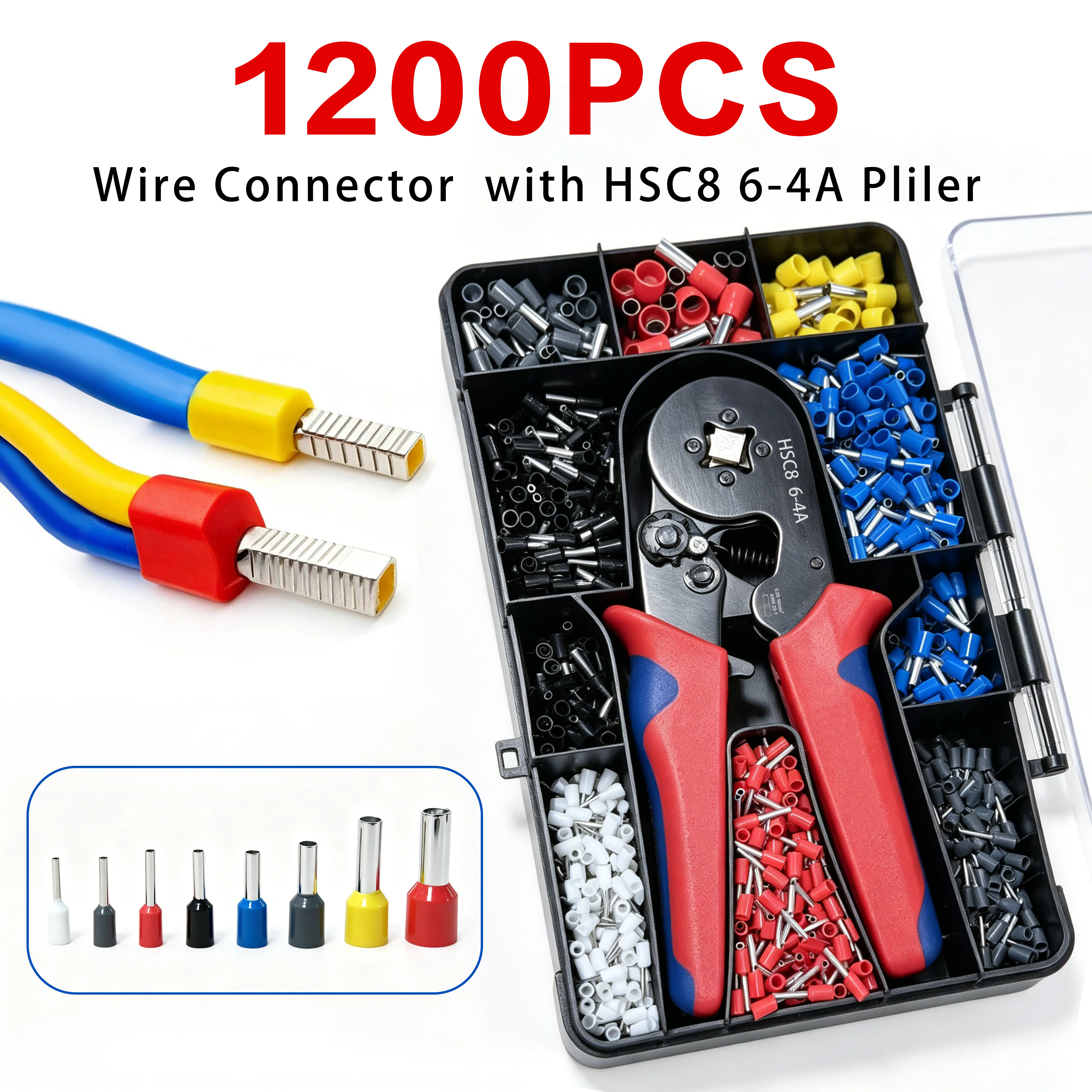 1200PCS Wire Ferrule Crimping Tool Kit - AWG23-7 Ergonomic Ratchet Crimper Pliers with Multiple Size Electrical Wire End Terminals, Anti-Rust Treatment, Professional Electrician Automotive DIY Wiring Repair Gift Box Set, 1200 Pieces
