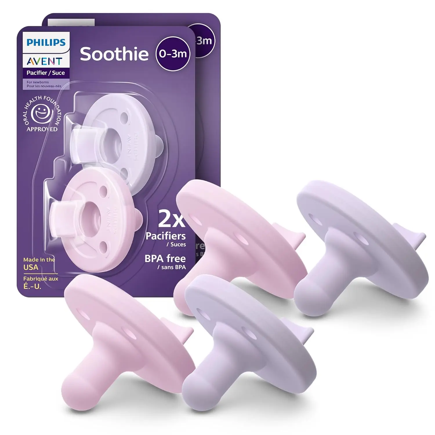 Soothie Baby Pacifiers SCF190/70 - 100% Silicone, BPA-Free, Extra Durable, Lilac & Pink, 4 Pack, 0-3 Months, One-Piece Design, AAP Approved