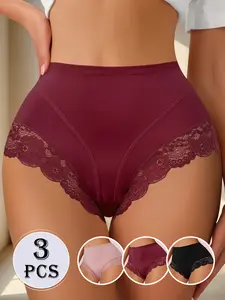 QUASTI 3 Packs Ladies Ice Silk Sexy Briefs with Lace Edge, High Waist Stretch Briefs, 3-Colors Seamless Breathable Soft Briefs Suitable for Ladies Women's Dailywear, S-XXL