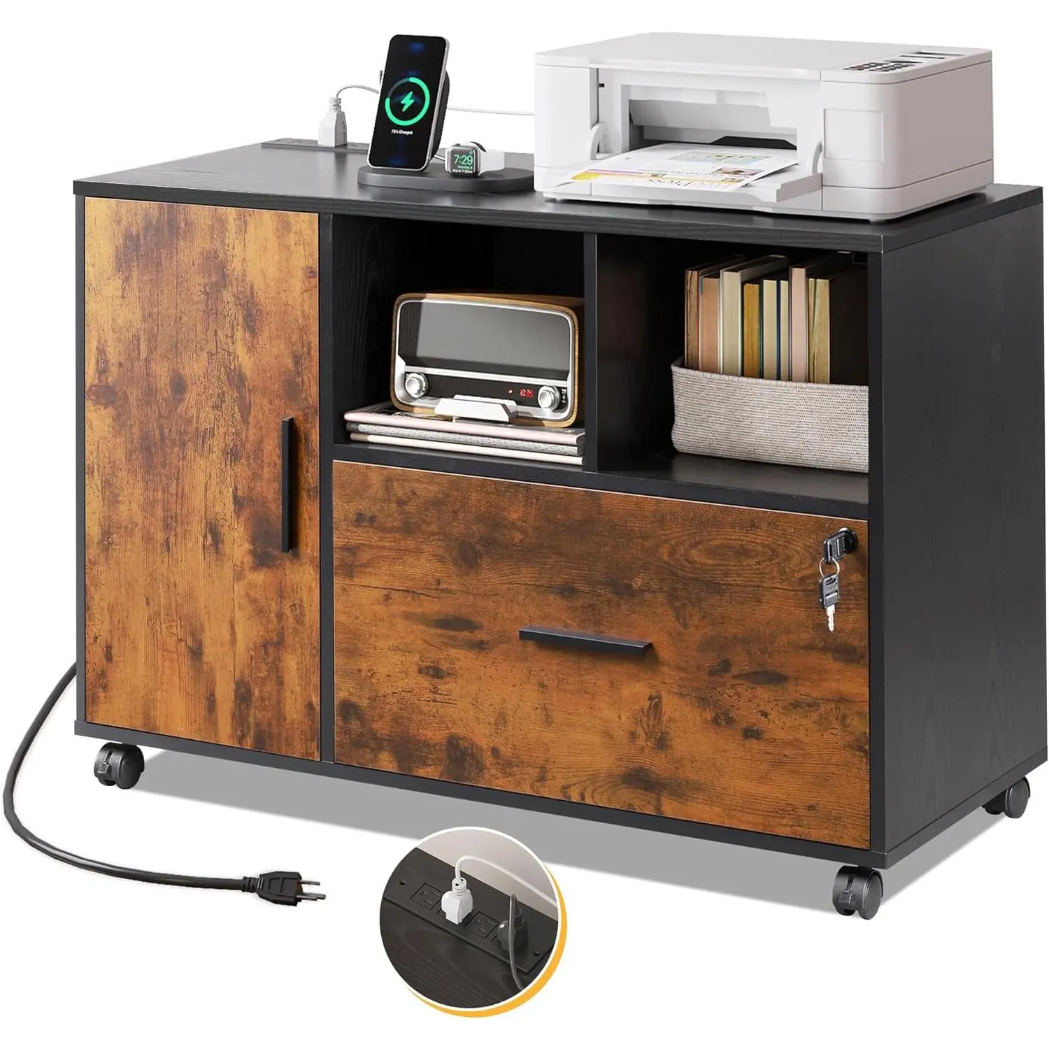 DEVAISE File Cabinet with Charging Station, 1 Drawer Rolling File Cabinet, Locking Filing Cabinet for Home, Wood Printer Stand with Storage Bookshelf