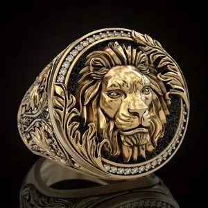 New European American Vintage Punk Lion Ring Gold Inlaid Zirconia Hip Hop Style Men Finger Ring Trendy Streetwear Jewelry For Daily Wear And Party Looks        ，  TikTok ，  TikTok
