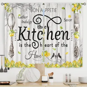 Rustic Farmhouse Lemon Kitchen Curtains, 2 Panels 27.5Wx39H Inch Yellow Fruit & Wooden Barn Botanical Rod Pocket Fabric with Plant Fork & Spoon, for Bedroom Living Room