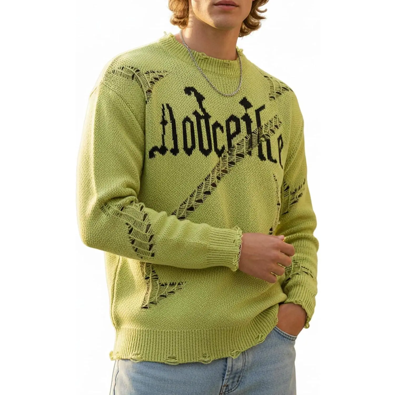 Men’s Distressed Letter-Print Sweater – Ripped Details, Casual Loose-Fit Knit Pullover for Streetwear