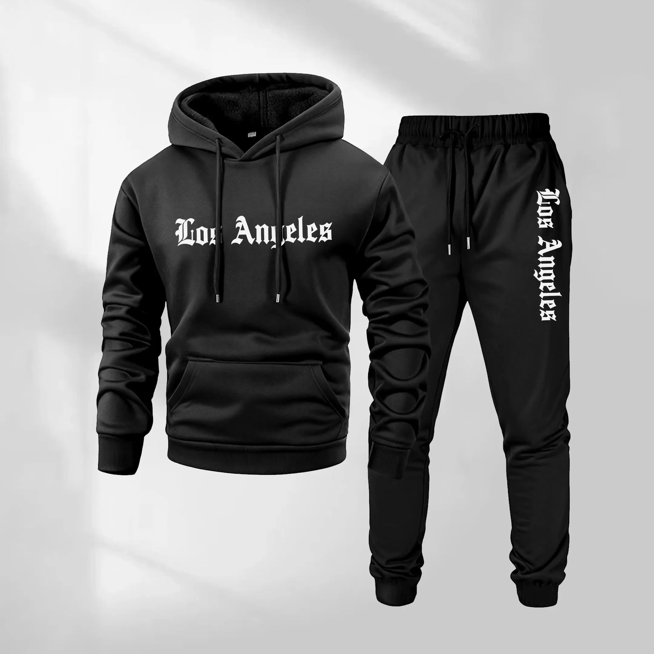 Men’s 2-Piece Los Angeles Letter Print Tracksuit - Hoodie with Pockets, Drawstring Sweatpants, Casual Athleisure Wear Set, Long Sleeve Hooded Jacket & Joggers, Fall Winter Indoor/Outdoor Activewear