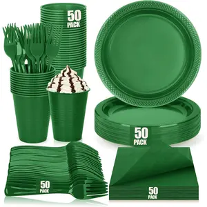 Disposable Green Plastic Plates for Party, 9'' Green Party Plates and Cups and Napkins Set for 50 Guests, Party Supplies Dinnerware for Birthday,Wedding, Christmas, BBQ