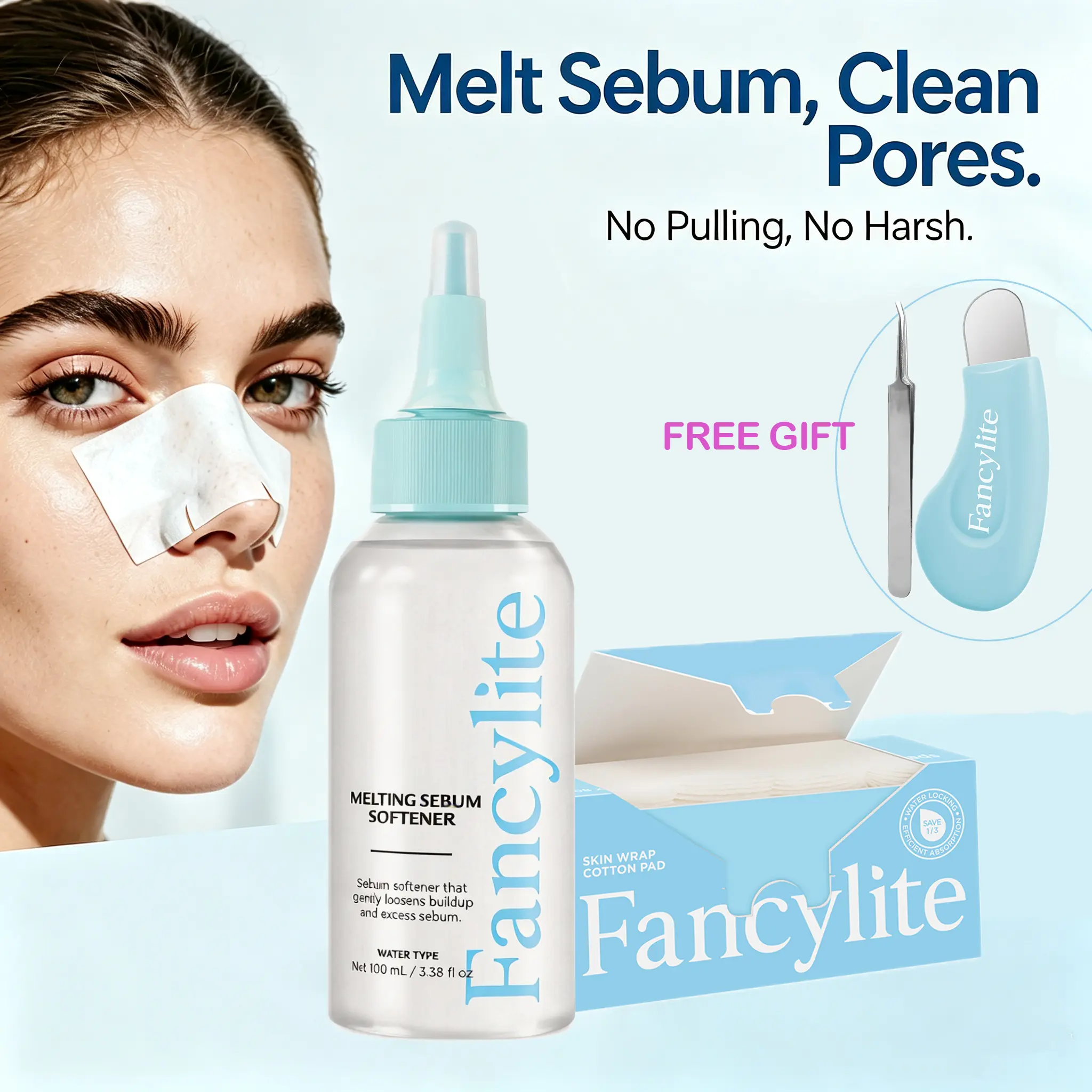 FANCYLITE Pore Care Blackhead Cleansing Duo for Deep Cleansing and Pore Minimizing with Natural Ingredients,Blackhead Remover Tool,3.38 fl oz, with 50 Skin Wrap Cotton Pads Included + Deep Clean Master +Stainless Steel Blackhead Removal Tweezers