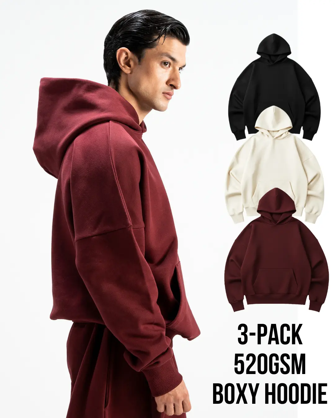 3-Pack, Premium Heavy 520GSM Organic Hoodies, Ember