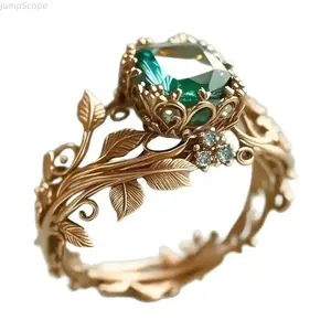 Nature Inspired Wish Totem Ring, Vintage Alloy Inlaid Green Crystal Bohemian Stackable Statement Ring for Daily Party Jewelry Gift