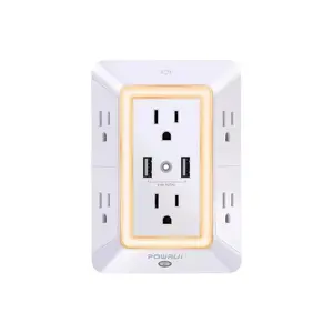 Multi Plug Outlet Surge Protector - POWRUI 6 Outlet Extender with 3 USB Ports (1 USB C) and Night Light, 3-Sided Power Strip with Adapter Spaced Outlets - White，ETL Listed