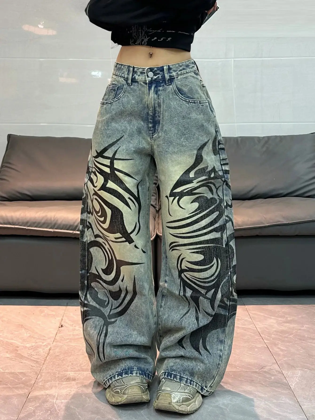Y2K Washed Tribal Baggy Jeans for Punk and Grunge Style